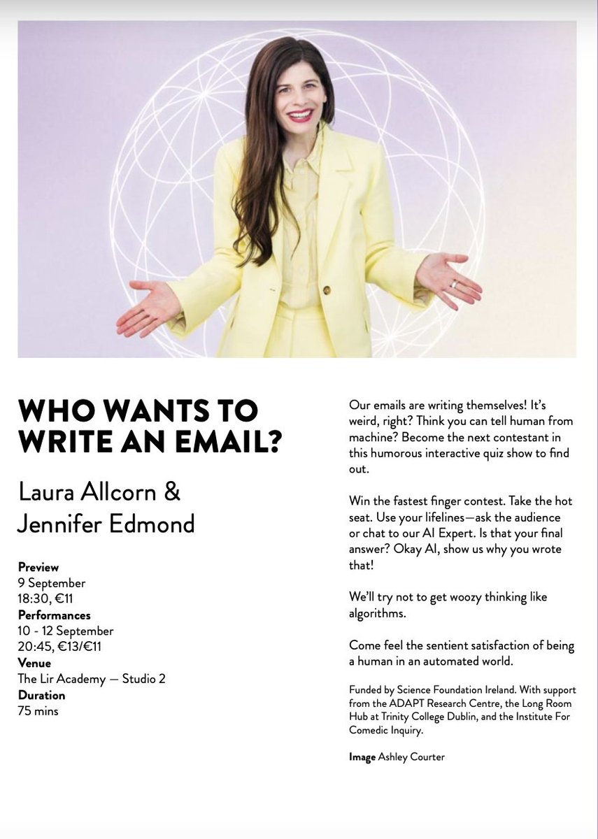 School of Education (@schoolofedtcd) on Twitter photo Take the hot seat this coming Saturday at the <a href="/dublinfringe/">Dublin Fringe Festival</a> in this humorous quiz show, 'Who Wants to Write an Email?' produced by <a href="/AoifeRoseTaylor/">Aoife Taylor</a> from School of Education with <a href="/jedmond36/">Jennifer Edmond</a> & <a href="/laura_allcorn/">Laura Allcorn</a>
fringefest.ticketsolve.com/ticketbooth/sh…
<a href="/TheLirAcademy/">The Lir Academy</a> Take the hot seat this coming Saturday at the <a href="/dublinfringe/">Dublin Fringe Festival</a> in this humorous quiz show, 'Who Wants to Write an Email?' produced by <a href="/AoifeRoseTaylor/">Aoife Taylor</a> from School of Education with <a href="/jedmond36/">Jennifer Edmond</a> & <a href="/laura_allcorn/">Laura Allcorn</a>
fringefest.ticketsolve.com/ticketbooth/sh…
<a href="/TheLirAcademy/">The Lir Academy</a>