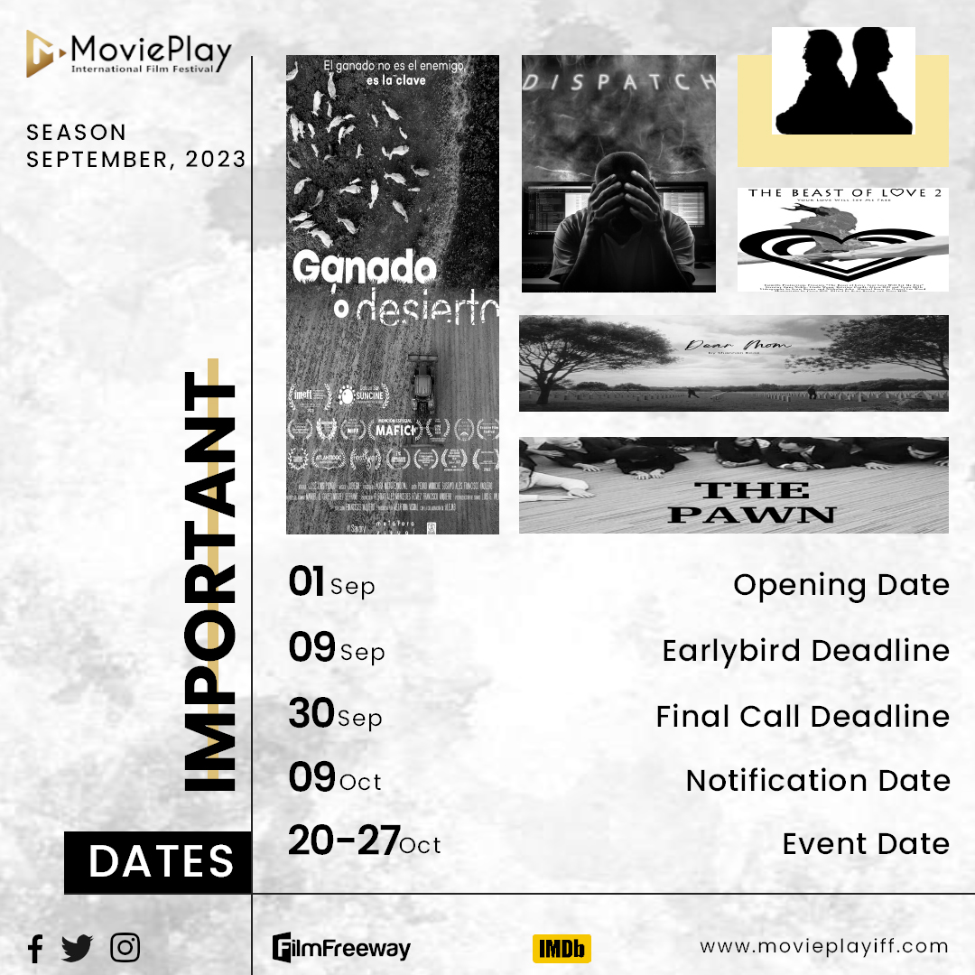 MoviePlayIFF's tweet photo. September Edition Dates
Visit filmfreeway page for more: https://t.co/MKPgECciaW
#movieplay #newseason #movieplayiff #datestoremember https://t.co/LWsqQblney