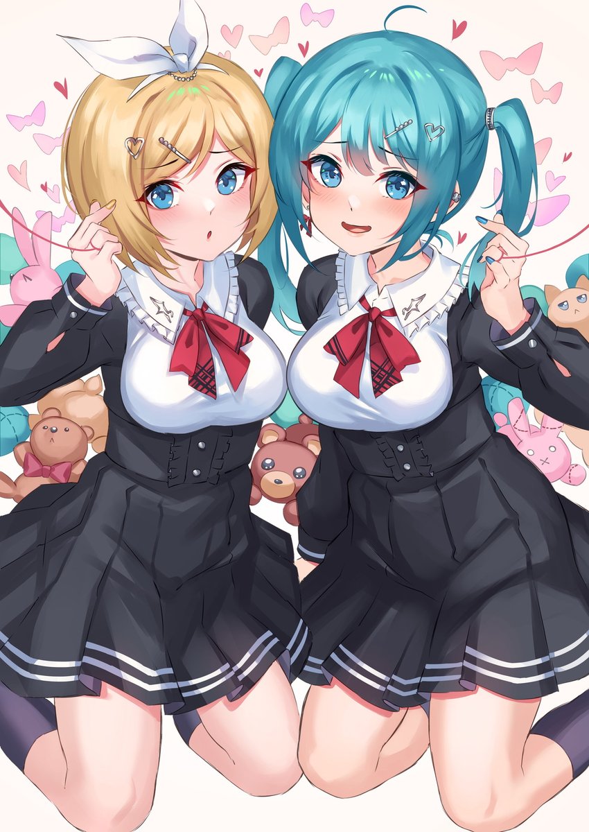 hatsune miku ,kagamine rin multiple girls 2girls twintails blonde hair hair ornament hairclip breasts  illustration images