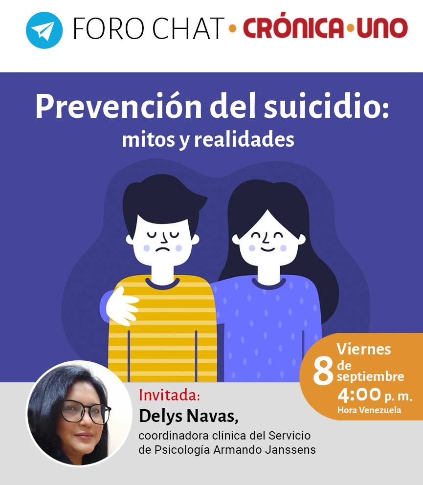 nrivasherrera's tweet image. El #10Sep es el Día Mundial de Prevención del #suicidio. 

 crónica.Uno hablará del tema el #8Sep  con el apoyo de la psicóloga Delys Navas, coordinadora clínica del Servicio de Psicología Armando Janssens

Enlace para unirte a Telegram:

t.me/forochatcronic…