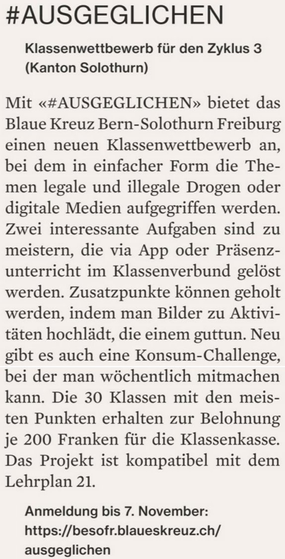 BKSOLOTHURN's tweet photo. Aus dem Schulblatt Aargau und Solothurn.
Mitmachen können alle Schulklassen ab der Oberstufe - auch aus dem @KantonSolothurn.
➡️https://t.co/V9j5PXgUeU⬅️
#Alkohol #Tabak #Cannabis #online #Konsum https://t.co/c5S5aEtwJa