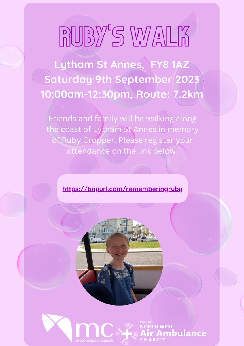 Huge thanks to everyone who has already signed-up to walk with us on Saturday 9 September.  We'll be remembering Ruby and raising money for the incredible work of the North West Air Ambulance.  There's still time to register at tinyurl.com/rememberingruby

#memories #teamMC