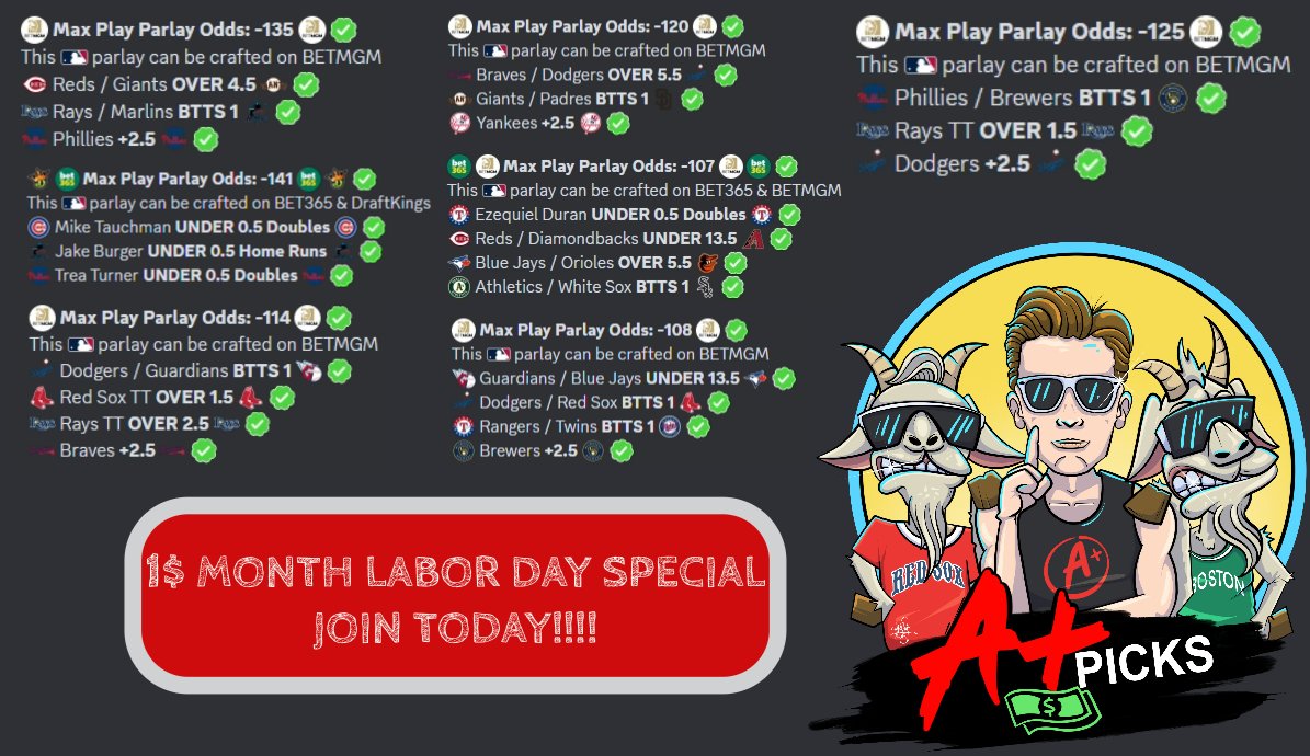 APlusPicks's tweet photo. OOOOHWEEE! Max plays is SMACKING with 7 wins in the last 8 plays!  Come get a freakin' bag with the boys and quit getting cooked by the books!  JOIN us at https://t.co/Uqf36LbGmp and use code LABOR DAY at https://t.co/pO2UhUA36A to unlock a 1$ month for the start of CFB and NFL!!

#MLBPicks #PlayerPropBets #NFLonX #CFBPicks #CFBBets #sportsbettingx #gamblingtwitter #LaborDaySale #NFLGIVEAWAY #CollegeGameDay