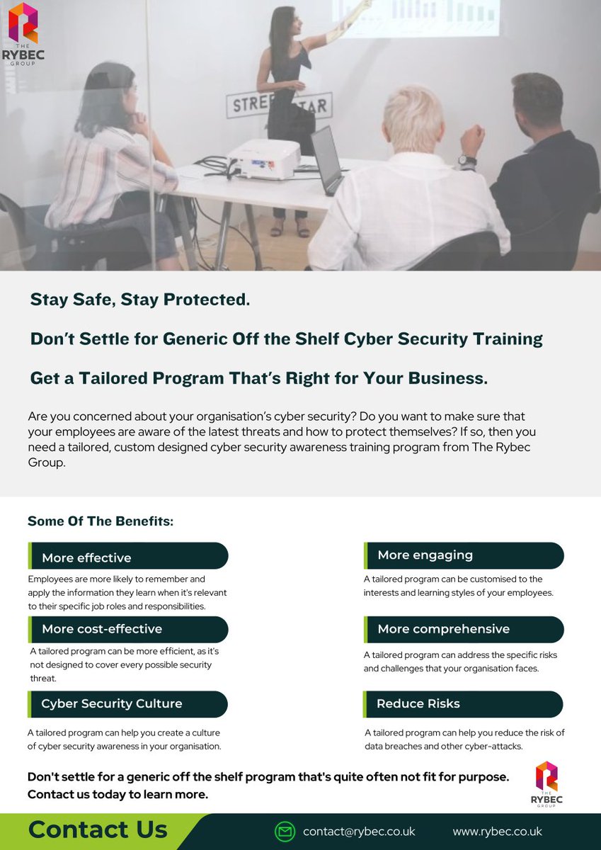 Cyber security needs to be a top priority for all businesses.

To learn more about our bespoke cyber security staff awareness programs, please contact us. 

contact@rybec.co.uk
#cybersecuritytraining #bespoke #businessrisk #awareness #staff #doncaster
#MANCHESTER