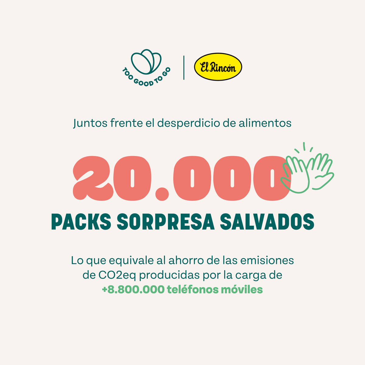 Gracias a todos vosotros, ¡ya llevamos 20.000 packs salvados con @TooGoodToGo_ES 🤩 ¡Seguimos luchando contra el desperdicio de alimentos! 💪