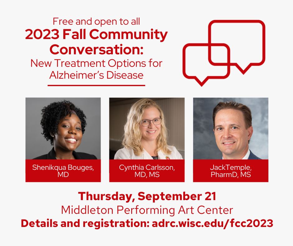 Wisconsin ADRC (@wisconsinadrc) on Twitter photo Free and open to all, the 2023 Fall Community Conversation will feature <a href="/UWMadison/">UW–Madison</a> experts discussing new treatment options for #AlzheimersDisease. Learn more and register at: adrc.wisc.edu/fcc/2023
#WorldAlzheimersDay Free and open to all, the 2023 Fall Community Conversation will feature <a href="/UWMadison/">UW–Madison</a> experts discussing new treatment options for #AlzheimersDisease. Learn more and register at: adrc.wisc.edu/fcc/2023
#WorldAlzheimersDay