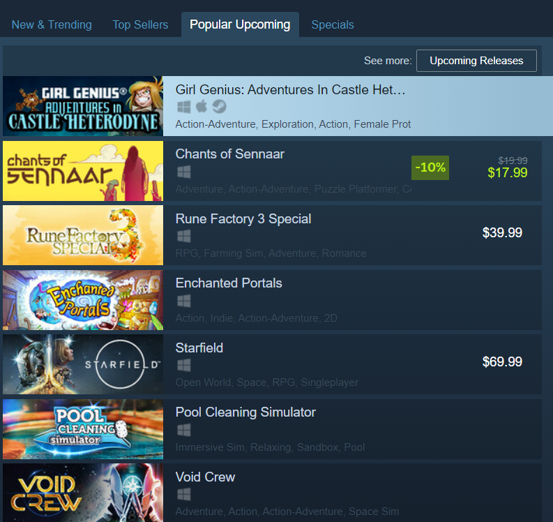 RainGames_Kenny's tweet photo. Oh la la!
Our game "Girl Genius: Adventures In Castle Heterodyne" is topping the Popular Upcoming, for tomorrows release on Steam! <3 https://t.co/X70l6kibBP