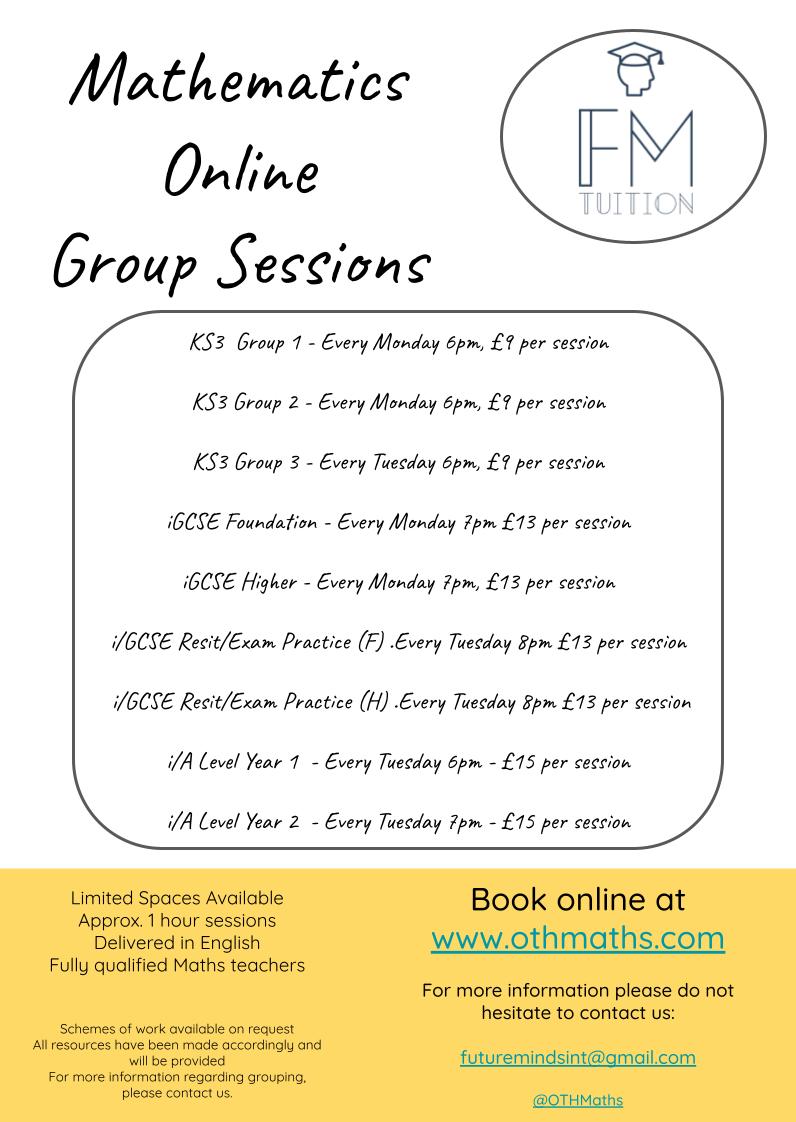 Maths Tuition - More affordable group sessions.
Starting on Monday ready for the start of school!
KS3 and iGCSE groups available.
Book online othmaths.com

#maths #mathstutor #tutoring #onlinetuition #mathshelp #edutwitter #education #onlinelearning #groupclass