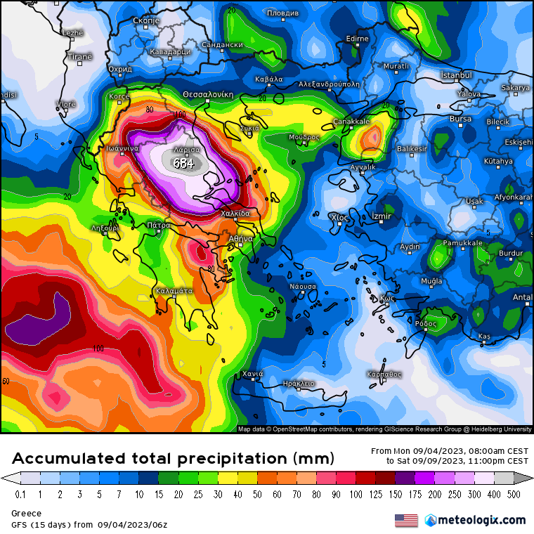 meteovillages's tweet image. 🌧️🌩️ 🇬🇷 La #Grèce s'apprête à vivre un épisode de #pluies #orageuses diluviennes absolument historique. Cet épisode méditerranéen pourrait apporter + de 1000 mm de pluie d'ici mercredi, certains modèles y voient jusqu'à 2200 mm. Cela représente 2 mètres d'eau tombée en 2 jours 😳