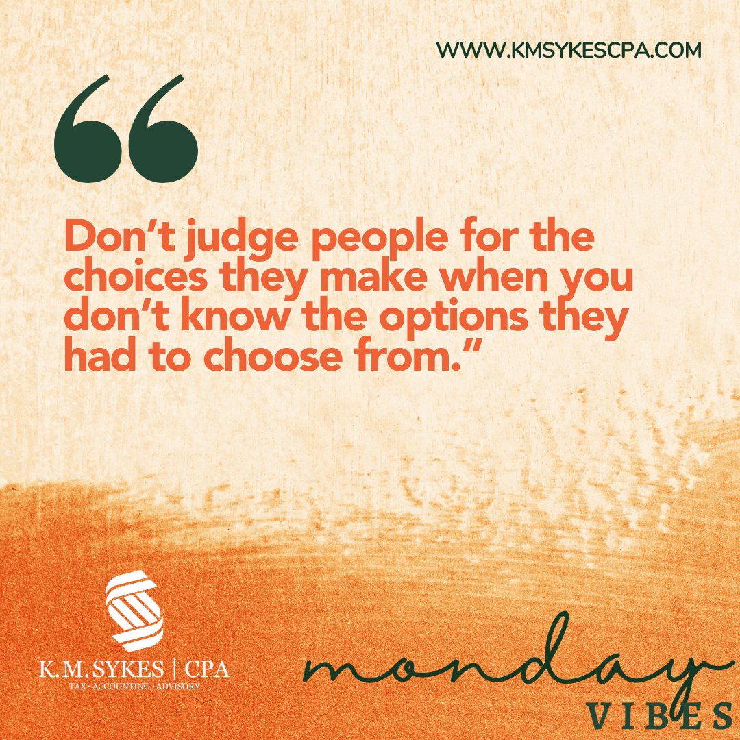 KMSYKESCPAPC's tweet photo. Remember: The decisions of others do not reflect you. They are solely accountable for their choices.
https://t.co/RdDntS3rPR

#CPA #accountingfirm #TaxServices #BlackCPA #AccountingServices #MondayMotivation #MondayMood https://t.co/x4iV7iSWqI