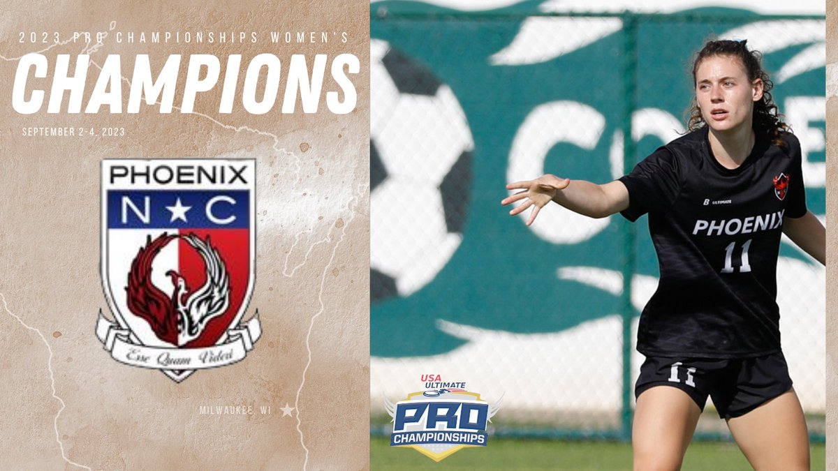USAUltimate's tweet photo. CHAMPIONS 🏆  Raleigh @PhxUltimate takes home gold at the 2023 Pro Championships, defeating @scandalultimate 15-13 in Milwaukee! 

#USAUltimate | #USAUProChamps https://t.co/4SmUTk6sxc