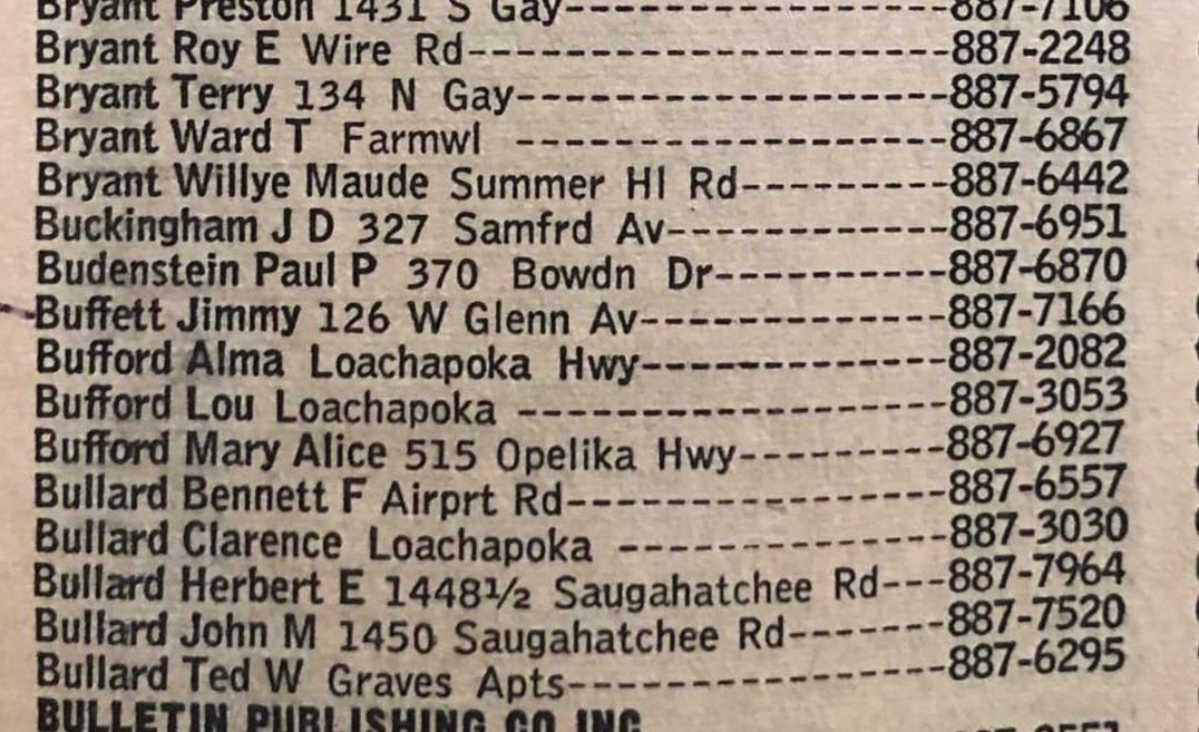 wareaglereader's tweet photo. 1965 Auburn phonebook. 126 W. Glenn. Near where Waffle House is now. (Pretty sure it was the place my friend used to live. Or the W6 House.) #JimmyBuffett 
[from Mary Pruett Norman] https://t.co/KoWv1XmXZq