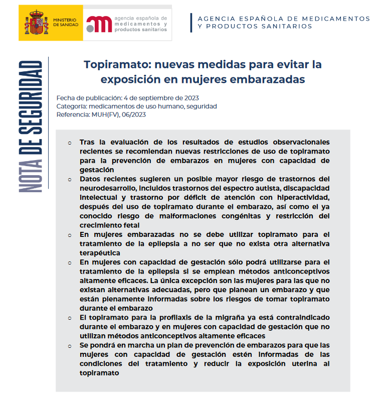 ⚠️Nota <a href="/AEMPSGOB/">AEMPS</a> Nuevas restricciones de uso de topiramato para la prevención de embarazos en mujeres con capacidad de gestación 👉👉 uso de métodos anticonceptivos altamente eficaces

❗️🤰NO utilizar topiramato en embarazadas
aemps.gob.es/informa/topira…
