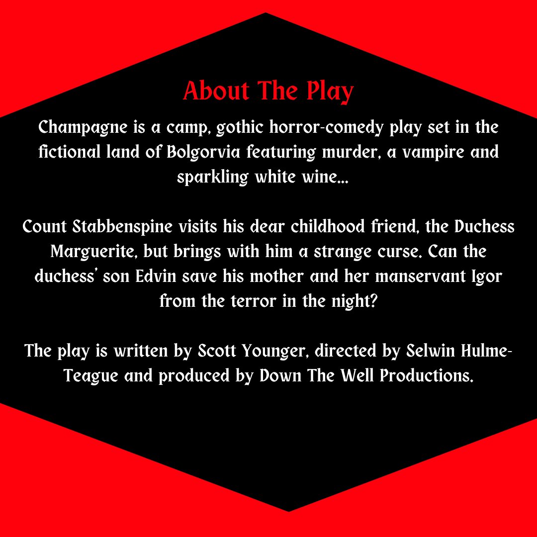 DownTheWellProd's tweet photo. 🛷📢Casting Call! 📢🧛‍♂️🦇
We're looking for 5 actors for our rehearsed reading of horror-comedy play Champagne @ORLTheatre ! https://t.co/Ov8Db47gSD #Actors #castingcall #newwriting https://t.co/aWq1k6SIak