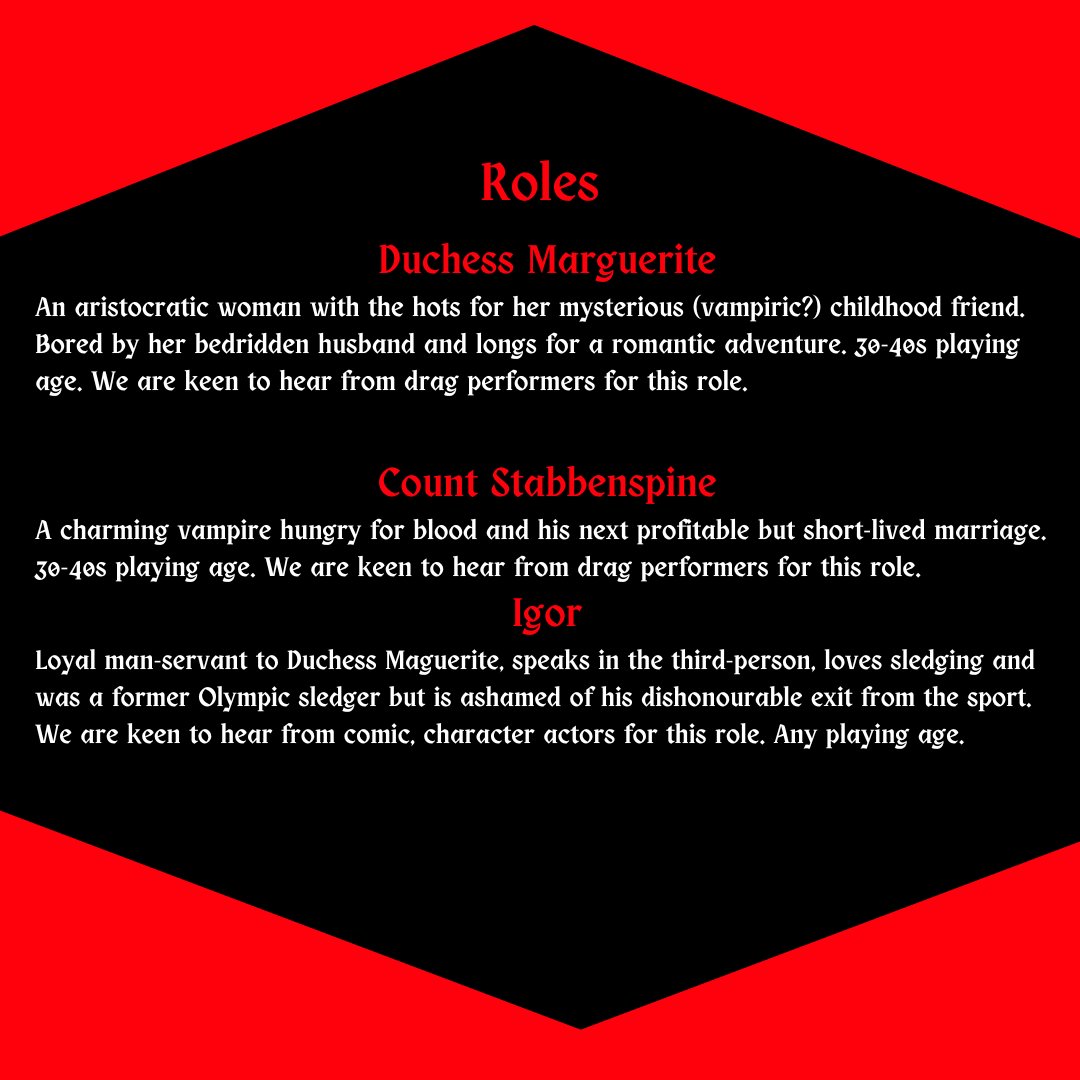 DownTheWellProd's tweet photo. 🛷📢Casting Call! 📢🧛‍♂️🦇
We're looking for 5 actors for our rehearsed reading of horror-comedy play Champagne @ORLTheatre ! https://t.co/Ov8Db47gSD #Actors #castingcall #newwriting https://t.co/aWq1k6SIak