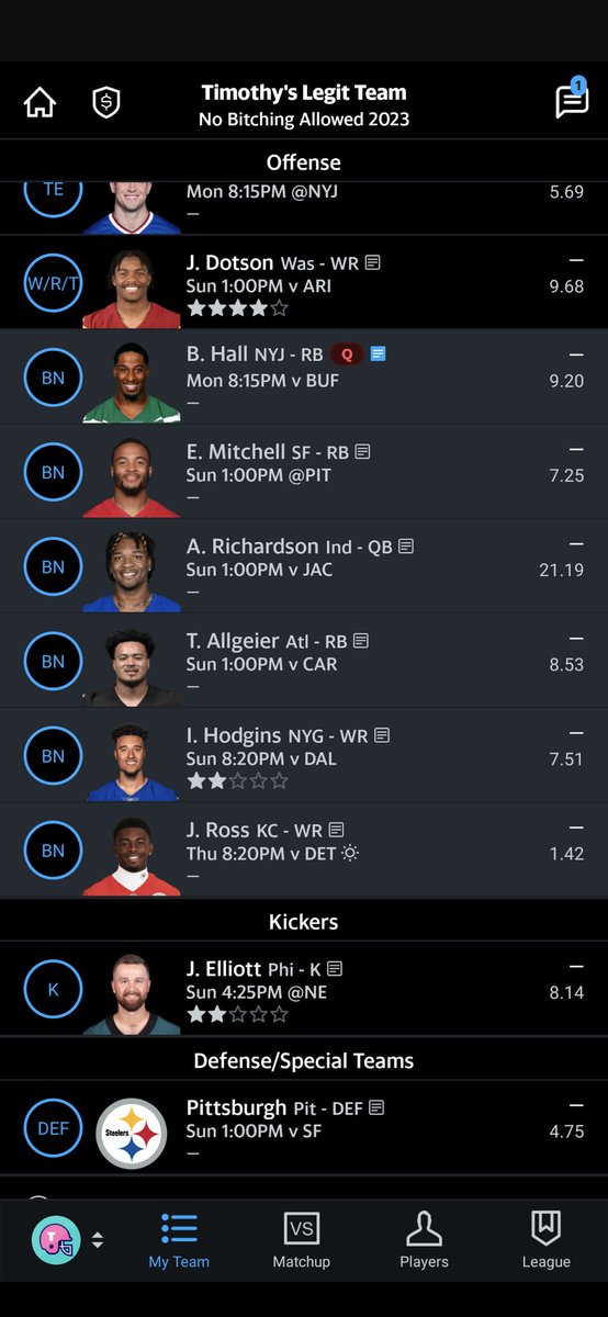Just__Tim__'s tweet photo. @JameyEisenberg @FFToday very much I have the get 3 of my top 15 wrs strategy. Plus burrow and upside in Richardson just in case Joe can't play. https://t.co/n1gtv9rC36