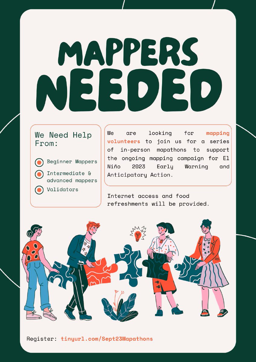 Happy new week👋🏾👋🏾! 

Together with the <a href="/KenyaRedCross/">Kenya Red Cross</a> and <a href="/openmapping_esa/">The Open Mapping Hub-Eastern & Southern Africa Hub</a>, we are hosting a series of in-person mapathons in Nairobi to support the ongoing mapping campaign for El Niño 2023 Early Warning and Anticipatory Action.

Register to join us😊: tinyurl.com/Sept23Mapathons