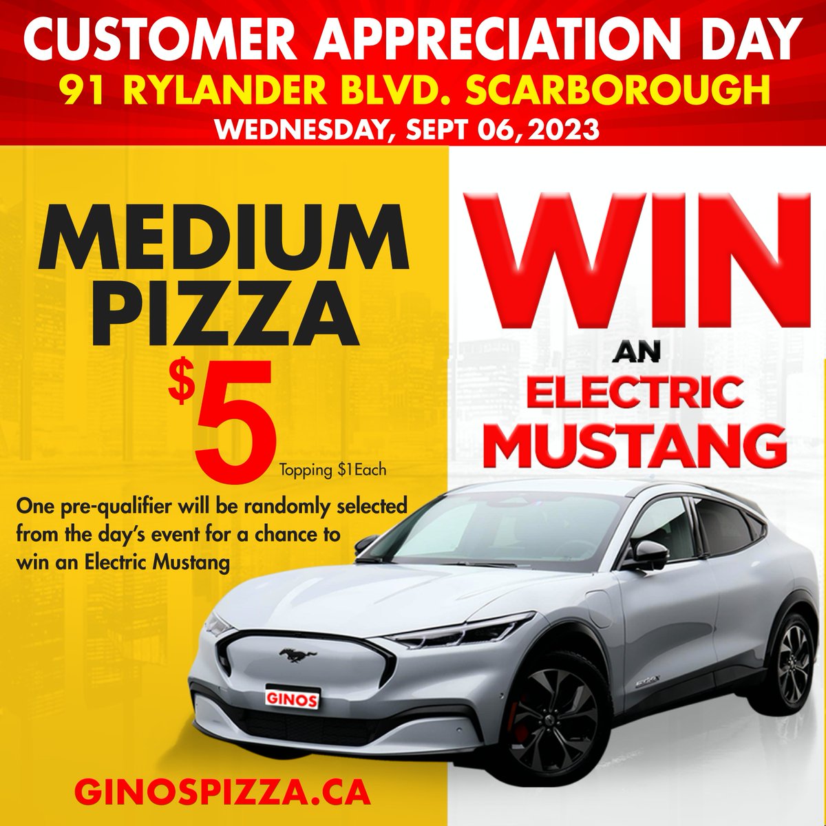 Get ready for delicious treats, exciting opportunities, and a shot at #WINNING an #ElectricMustang on September 14, 2023!

Indulge your taste buds with a hot medium #pizza for just $5 at our Ajax location: 5 Rossland Rd. E. Unit #103, L1T 4V2, Canada. See you there! 🍕🚗💨
