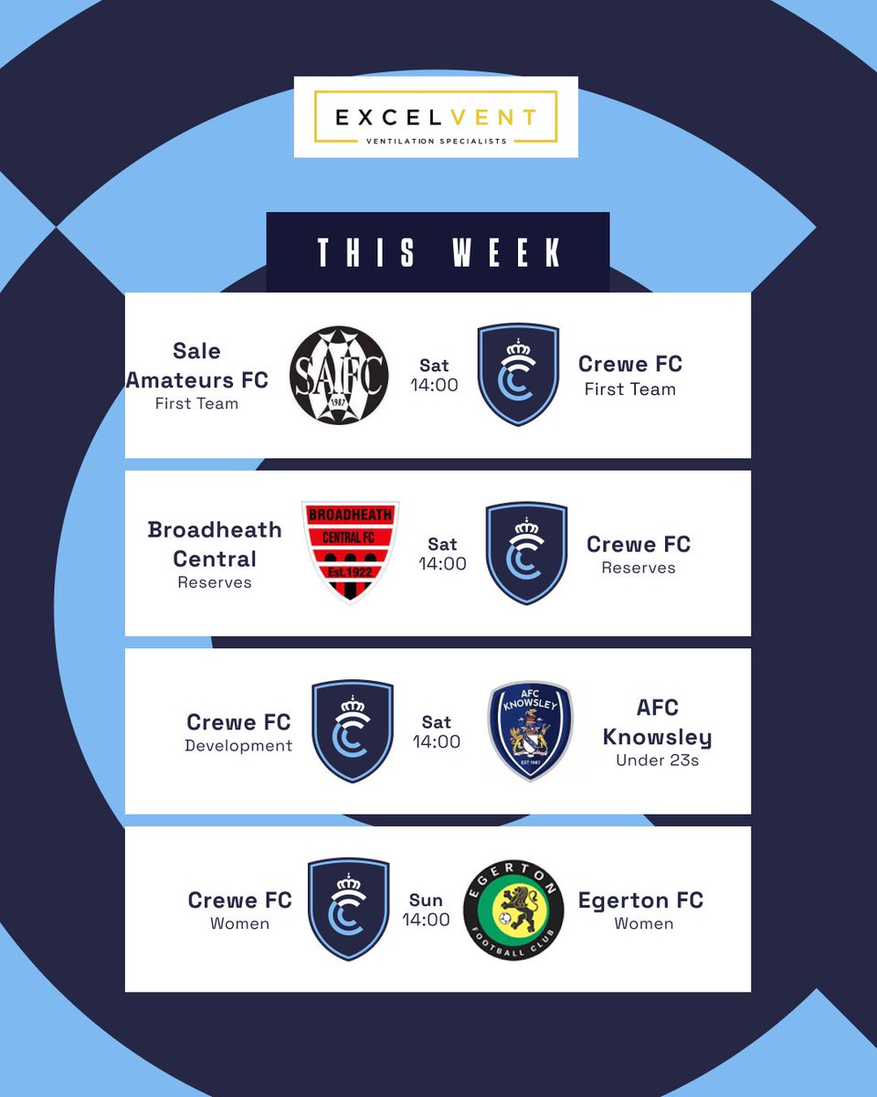 Crewe FC (@crewefc) on Twitter photo ๐ง๐๐๐ฆ ๐ช๐๐๐โฆ
๐ตItโs <a href="/CCFACountyCups/">Cheshire FA County Cups</a> action for @scott.edwards7 & @vickersadamโs side against <a href="/SaleAmateursFC/">Sale Amateurs FC</a>
๐ต<a href="/CreweFCReserves/">Crewe FC Reserves</a> travel to <a href="/bcfc1922/">Broadheath Central FC</a> Reserves in the <a href="/CheshireFL/">Cheshire Football League โฝ๏ธ</a>
๐ต@CreweFCDev Development host <a href="/afc_knowsley/">AFC Knowsley</a> U23s
๐ต<a href="/CreweFCWomen/">Crewe FC Women</a> take on <a href="/EgertonFC/">Egerton FC</a> Women ๐ง๐๐๐ฆ ๐ช๐๐๐โฆ
๐ตItโs <a href="/CCFACountyCups/">Cheshire FA County Cups</a> action for @scott.edwards7 & @vickersadamโs side against <a href="/SaleAmateursFC/">Sale Amateurs FC</a>
๐ต<a href="/CreweFCReserves/">Crewe FC Reserves</a> travel to <a href="/bcfc1922/">Broadheath Central FC</a> Reserves in the <a href="/CheshireFL/">Cheshire Football League โฝ๏ธ</a>
๐ต@CreweFCDev Development host <a href="/afc_knowsley/">AFC Knowsley</a> U23s
๐ต<a href="/CreweFCWomen/">Crewe FC Women</a> take on <a href="/EgertonFC/">Egerton FC</a> Women