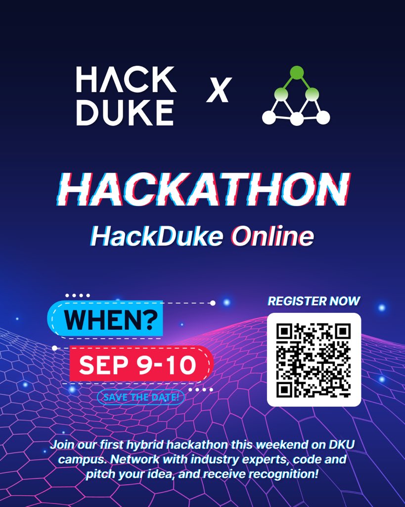DKUCompSciClub's tweet photo. @DukeU’s HackDuke, the premier collegiate social good hackathon, is now including @DukeKunshan students online!

This weekend (September 9-10), join our first hybrid hackathon on DKU campus for some good food, fun, and coding.

Scan the QR Code or follow link below to register! https://t.co/SbQsFlmDNw