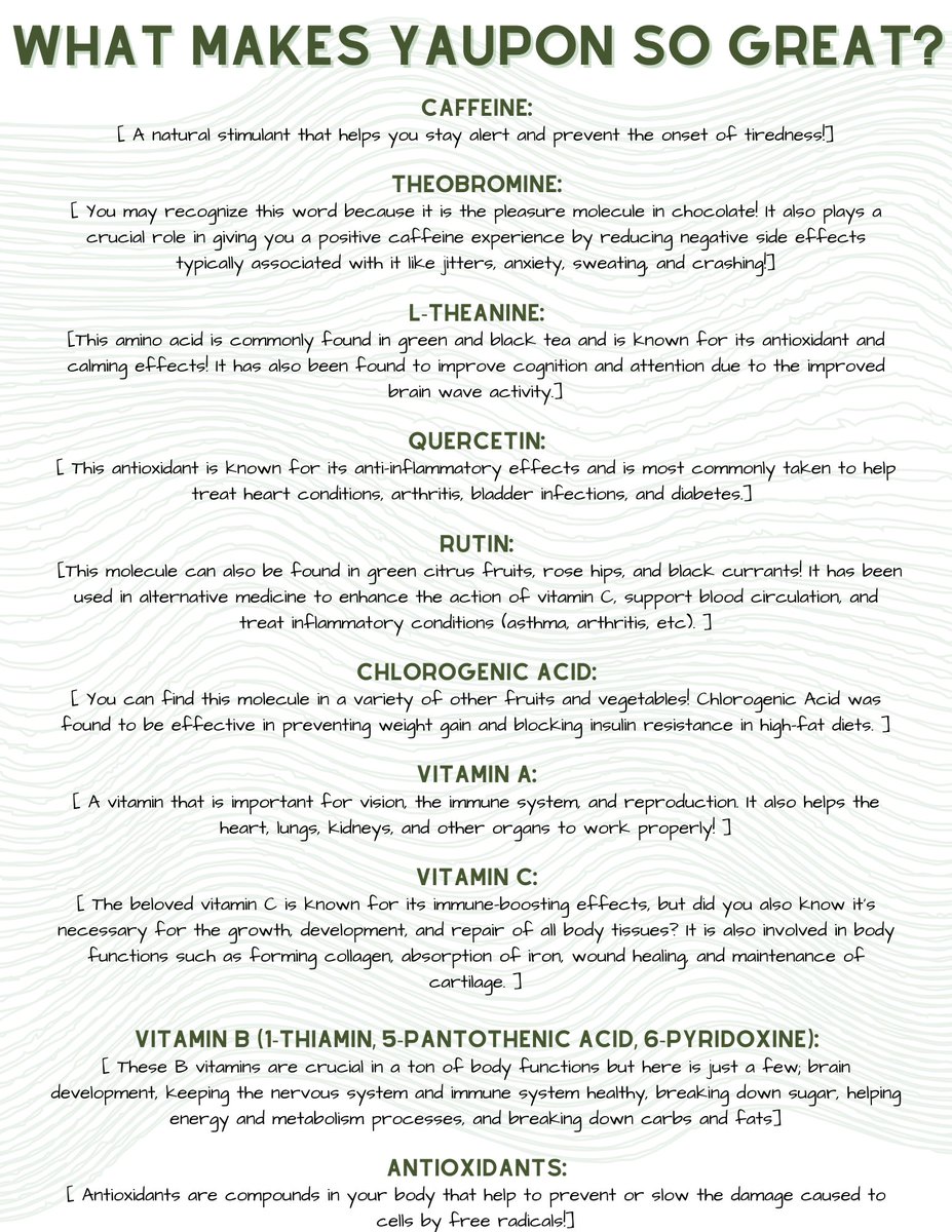 Curious about the many health benefits of Yaupon Holly? Including molecules like:

Natural caffeine ⚡️
Quercetin ❤️
L-Theanine 🧠
Theobromine 🔁
Chlorogenic Acids 💪
Rutin 🫁

Well don't worry, our newest blog post is just for you! 

Check it out below 💚
yaupon.store/the-health-ben…