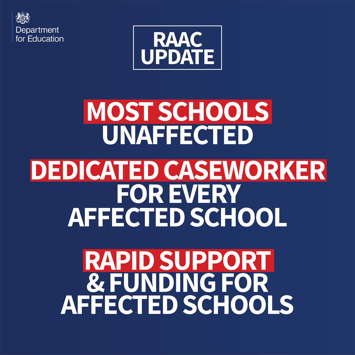 The vast majority of schools will be unaffected by RAAC.

For schools where RAAC has been confirmed, they will have a dedicated caseworker to provide rapid support, including access to funding, to keep children safe and minimise disruption to learning.

educationhub.blog.gov.uk/2023/09/04/new…