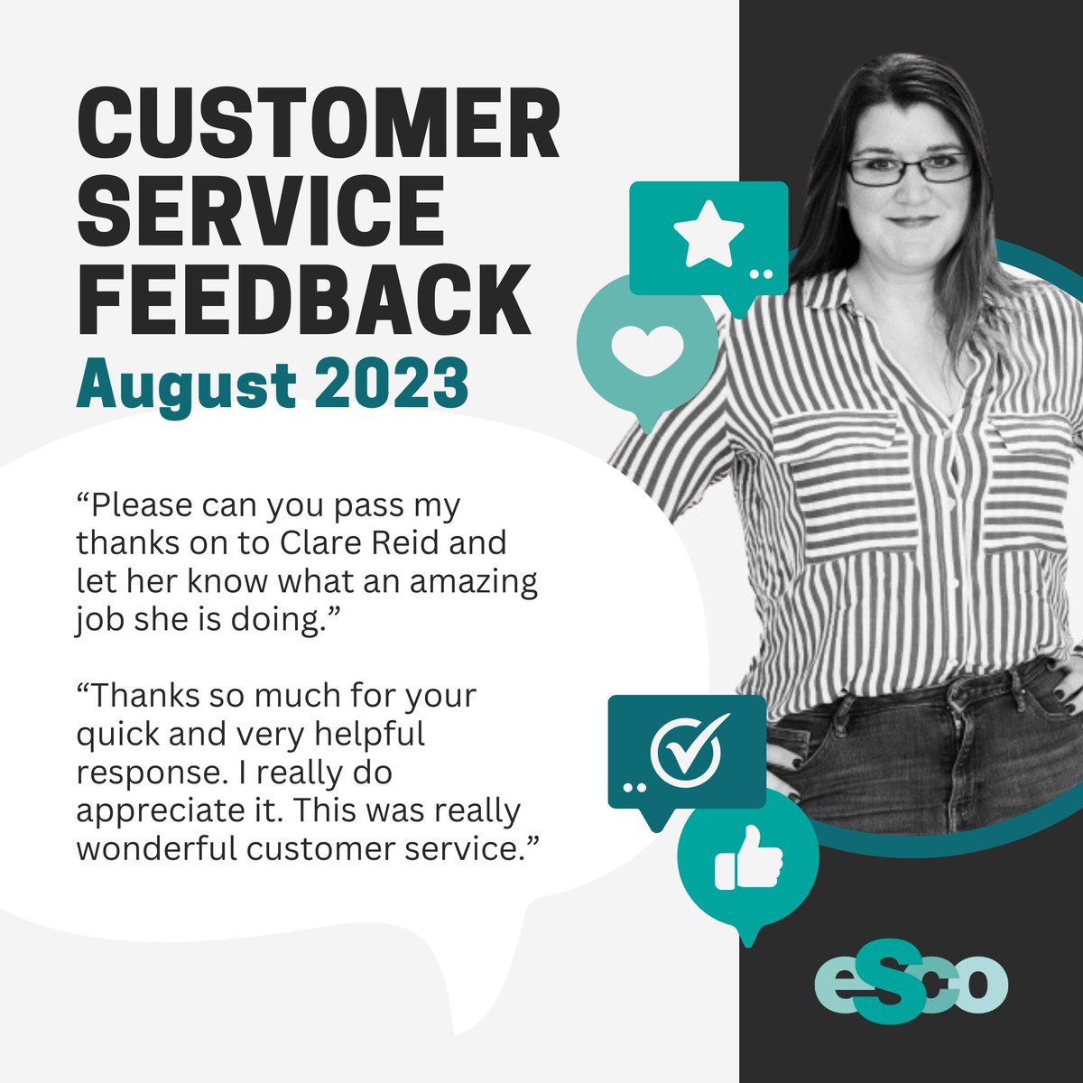 A huge well done goes to our Senior Customer Service Specialist, Clare, for this fantastic feedback from two very happy customers. Last week Clare also celebrated her ten year anniversary at ESco! 

Well done to the customer service team for your hard work in August🌟 #DreamTeam