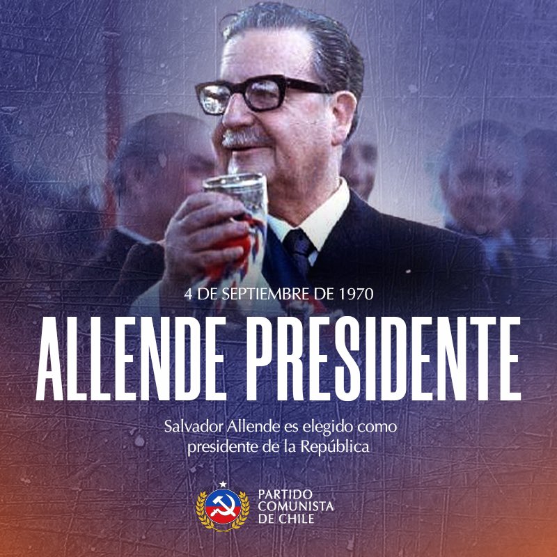 PCdeChile's tweet photo. ~53 años del triunfo de la Unidad Popular~
Un triunfo democrático y popular del pueblo de Chile. 
#AllendeVive #53AñosUP #50AñosDelGolpe https://t.co/T7eMkQvd3r