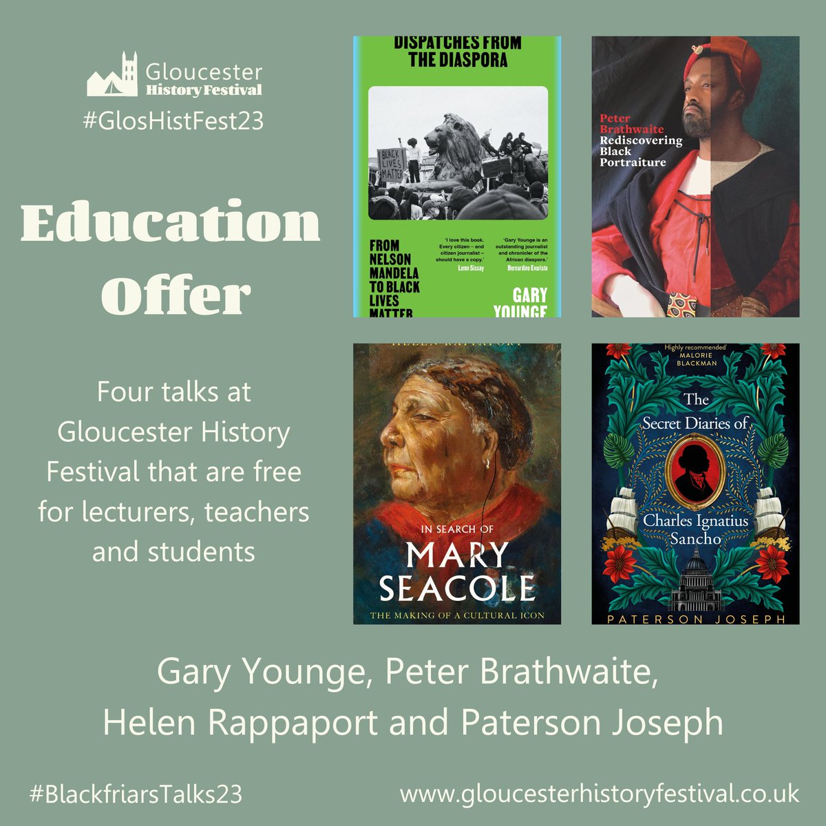 We have an Eduction Offer where a number of free tickets are available for teachers, lecturers & students to certain events at #GlosHistFest23.  Just head here:  gloucesterhistoryfestival.co.uk/education @garyyounge @helenrappaport @ignatius_sancho @dialoguebooks  @drjaninaramirez  @visitglouceter