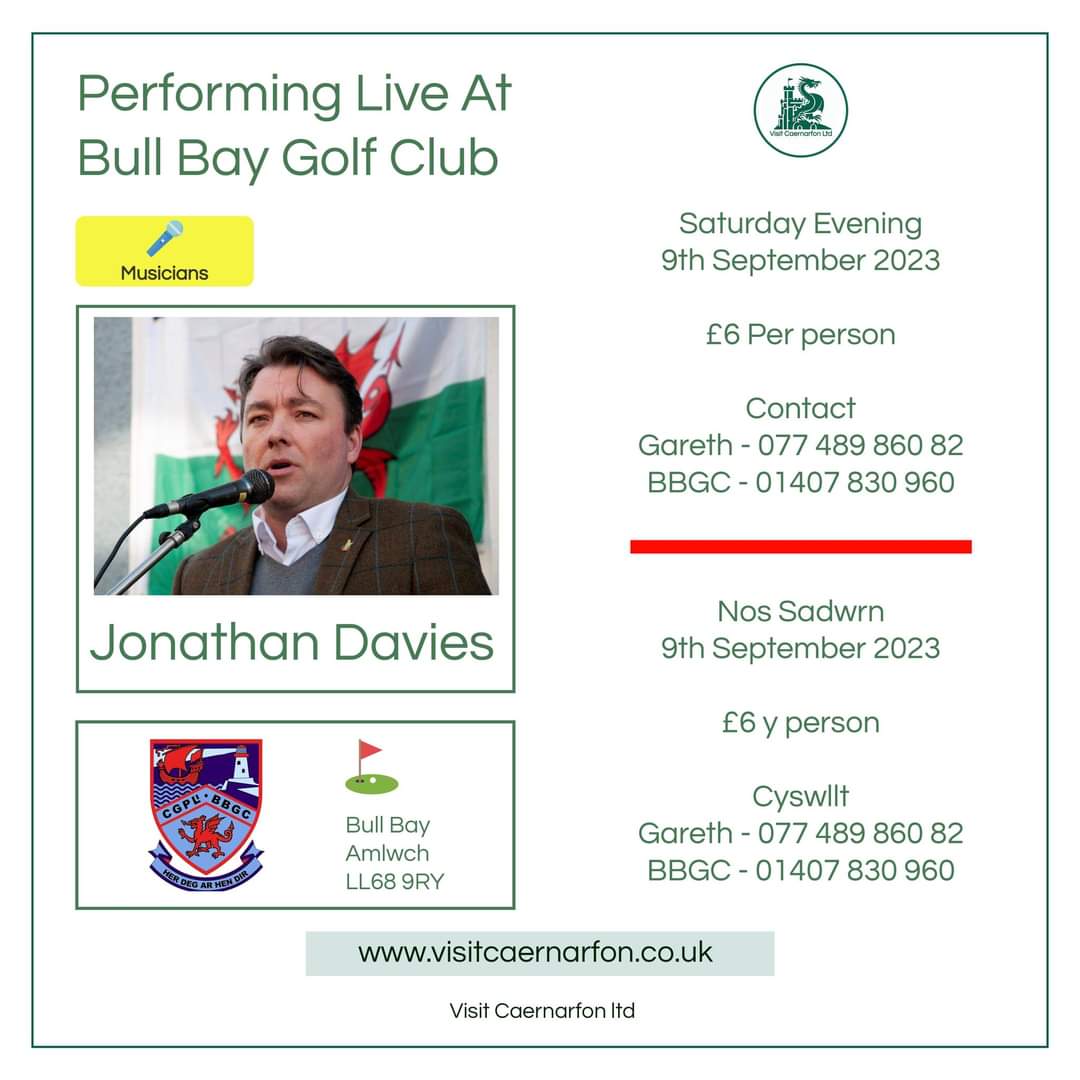 VisitCaernarfon's tweet photo. This Saturday, the 9th of September 2023, a renowned Caernarfon-based musician, Jonathan Davies, will be playing live at the Bull Bay Golf Club in Amlwch.

@bullbaygolfclub 
#jonathandavies #livemusic #singer #caernarfon #visitcaernarfon #amlwch #bullbaygolfclub https://t.co/INa807HfXY