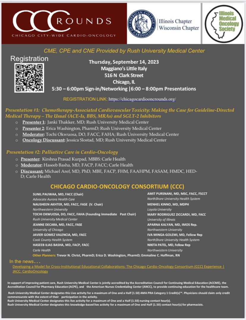 Chicago Citi-Wide Cardio-Oncology Rounds (@chicardioonc) on Twitter photo 📣Join us for our next CCCR 
✨ Great discussions on ✨ 
📃Guideline directed medical therapy in cardio-oncology
❤️Cardio-oncology and 🤝palliative care
🗓September 14th ⏰5:30 CDT, 
📍 Maggiano’s Little Italy
     516 N Clark Street, Chicago, IL
➡️ bit.ly/3r4on67 📣Join us for our next CCCR 
✨ Great discussions on ✨ 
📃Guideline directed medical therapy in cardio-oncology
❤️Cardio-oncology and 🤝palliative care
🗓September 14th ⏰5:30 CDT, 
📍 Maggiano’s Little Italy
     516 N Clark Street, Chicago, IL
➡️ bit.ly/3r4on67