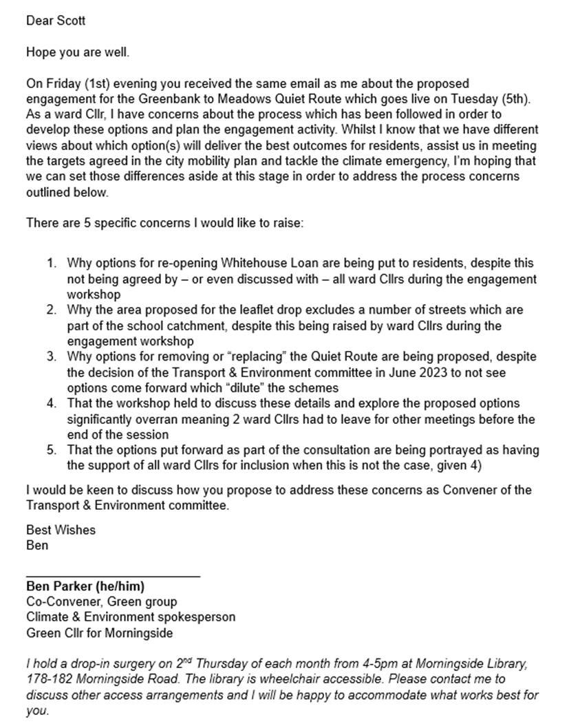 Many folk have been in touch with me about the engagement for the Greenbank-Meadows Quiet Route which goes live tomorrow🚶‍♂️🌳 🚲

I have a number of concerns about the process surrounding the development of the engagement options and have written to @CllrScottArthur about this.