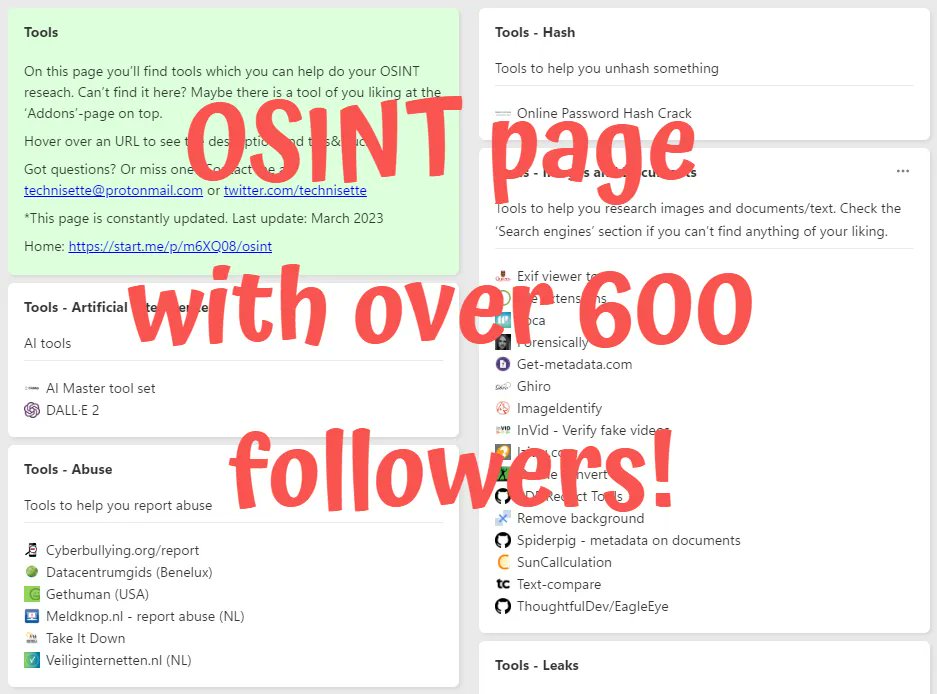 Start.me (@startme) on Twitter photo A few months ago, we witnessed a fierce battle for second place between two of our most popular #OSINT pages. As of today, the winner is known, and it's <a href="/technisette/">technisette</a>! Check out the page she created: start.me/p/wMdQMQ/tools. With well over 600 followers, you know it's great! A few months ago, we witnessed a fierce battle for second place between two of our most popular #OSINT pages. As of today, the winner is known, and it's <a href="/technisette/">technisette</a>! Check out the page she created: start.me/p/wMdQMQ/tools. With well over 600 followers, you know it's great!