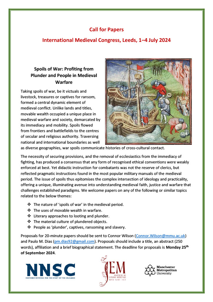 CALL FOR PAPERS: Pleased to announce that myself and <a href="/paulomdiashist/">Paulo M. Dias</a> are organising a Spoils of War panel for <a href="/IMC_Leeds/">IMC_Leeds</a> 2024. Papers on any and all aspects of plundering welcome, we are especially keen to hear from those working on war captives, ransom and slavery. 

#IMC2024