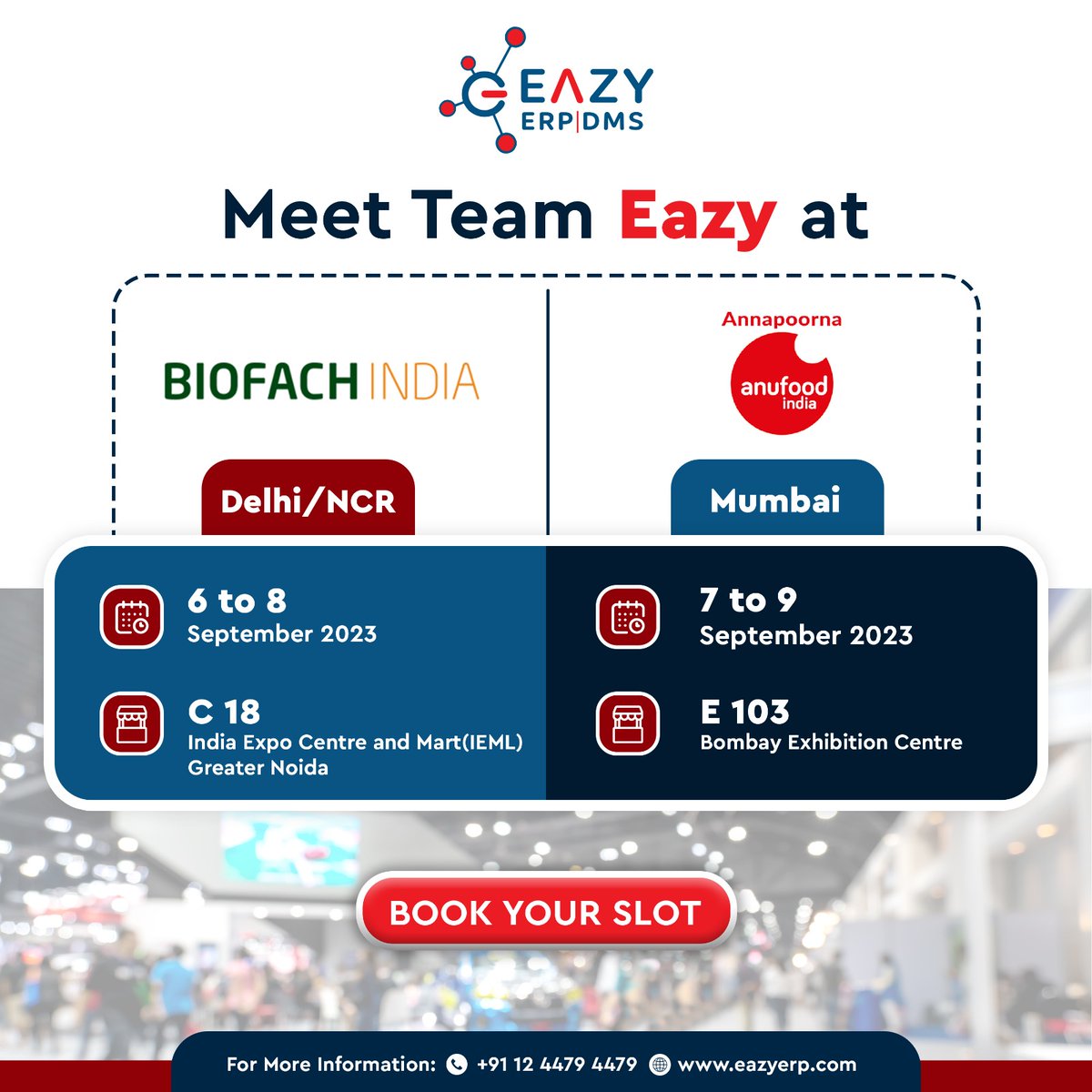 Gear up to meet Team Eazy at 2 of the best Food Events in India.

1) BIOFACH INDIA 2023

🗓️ 6-8th September 2023
📍India Expo Centre and Mart (IEML)

2) ANNAPOORNA ANUFOOD INDIA

🗓️ 7-9th September 2023
📍 E103, Bombay Exhibition Centre, Mumbai

#foodandbeverageindustry
#eazyerp