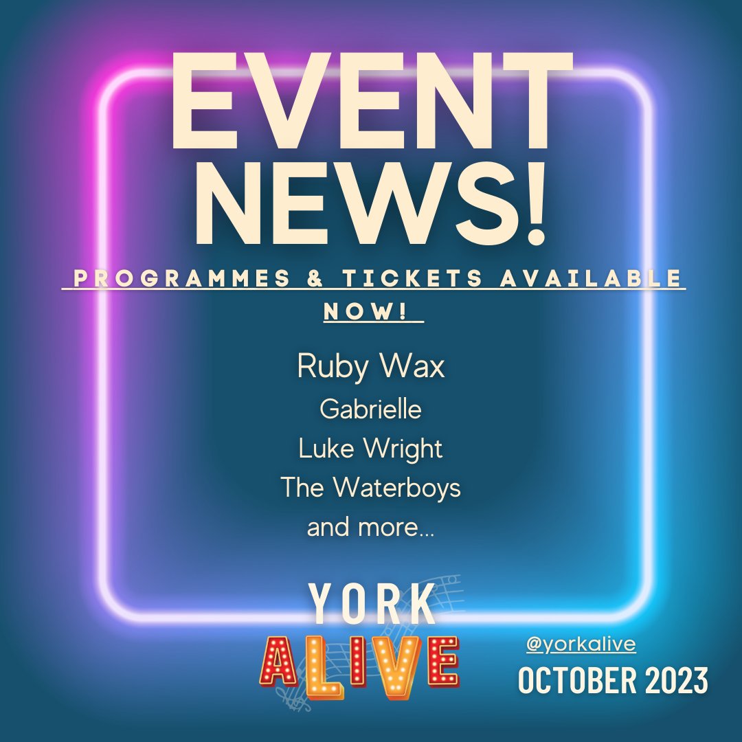 Not long to wait now! 😄😄🕺🏽💃🏽
🎵Ruby Wax
🎵Gabrielle
🎵Howard Jones 
🎵The Waterboys and MANY MORE!  

Programme and tickets at  bit.ly/43tEkBg 

#yorkalive #yorkevents #festival #spokenword #music #rubywax #gabrielle #bbcradio