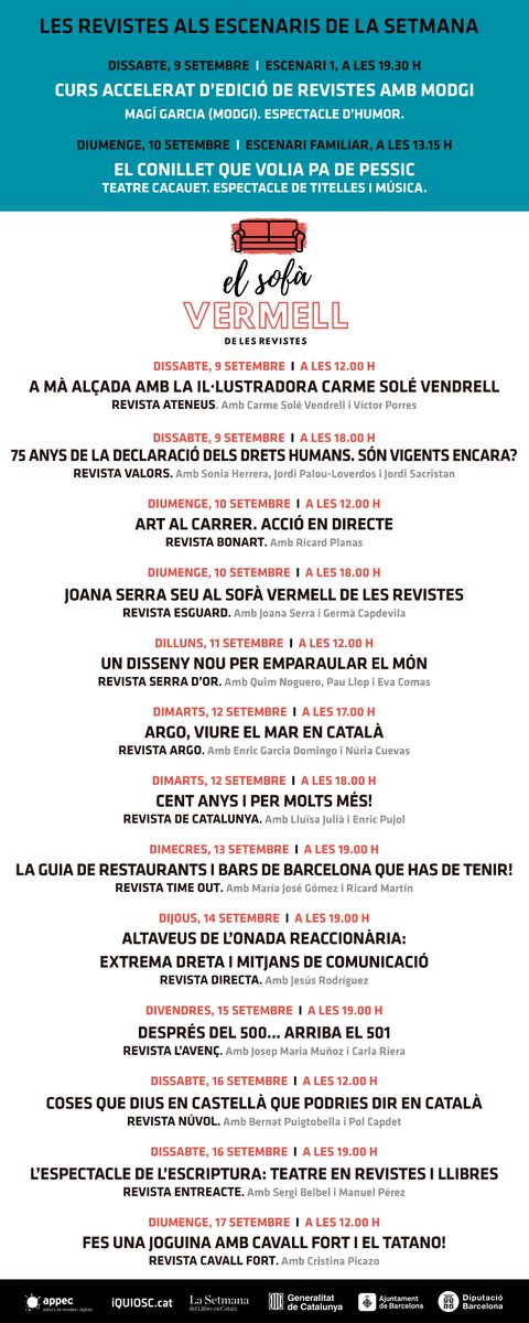 APPEC · Editors de Revistes i Digitals (@revistesappec) on Twitter photo Aquest any a <a href="/LaSetmana/">La Setmana</a> estrenem el Sofà Vermell de les Revistes! 
📖🙌 Un espai de pausa i lectura i també el centre de converses de petit format amb les #revistesencatalà com a protagonistes. Més informació i tota la programació 👇
lesrevistes.cat/noticies/171-a… Aquest any a <a href="/LaSetmana/">La Setmana</a> estrenem el Sofà Vermell de les Revistes! 
📖🙌 Un espai de pausa i lectura i també el centre de converses de petit format amb les #revistesencatalà com a protagonistes. Més informació i tota la programació 👇
lesrevistes.cat/noticies/171-a…
