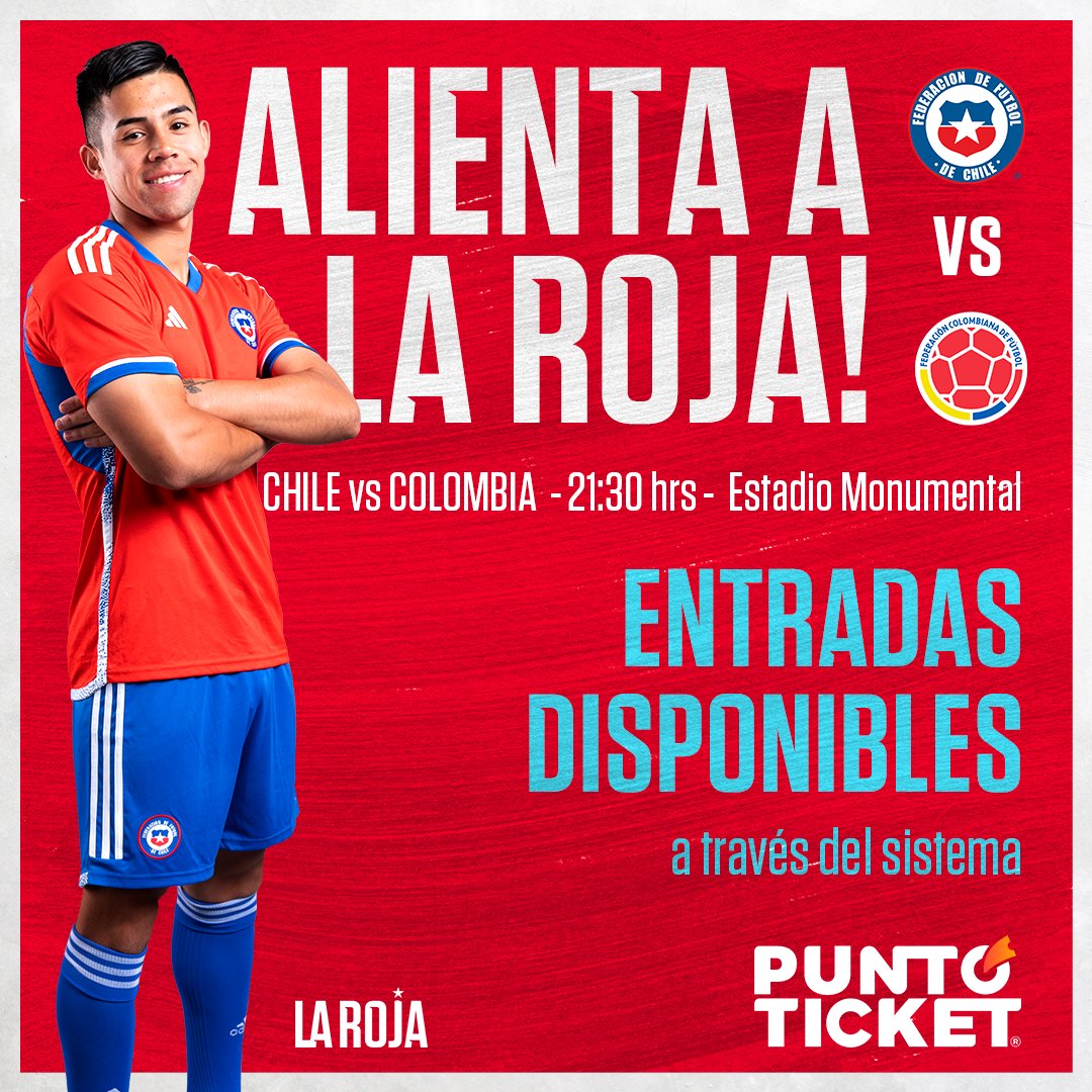 LaRoja's tweet photo. ⚽ 🎟️ 𝙐́𝙇𝙏𝙄𝙈𝘼𝙎 𝙀𝙉𝙏𝙍𝘼𝘿𝘼𝙎‼ 𝘼𝙋𝙐́𝙍𝘼𝙏𝙀‼

🆙 Todos y todas a ver a #LaRoja

Quedan los últimos tickets para dejar la garganta en la cancha 😮😍

🇨🇱🆚🇨🇴
📅 Martes 12 de septiembre
⌚ 21:30
🏟 Estadio Monumental

Ingresa a https://t.co/cvnezLppFz  🎟️ 𝘼𝙃𝙊𝙍𝘼 https://t.co/krqxkvSGvR
