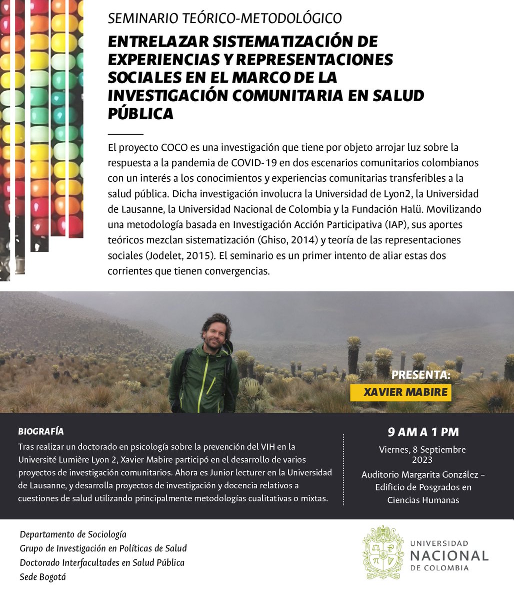 El próximo viernes 8 de septiembre desde las 9:00 a. m. tendremos para ustedes el seminario "Entrelazar sistematización de experiencias y representaciones sociales en el marco de la investigación comunitaria en salud pública" 
¡Los esperamos!