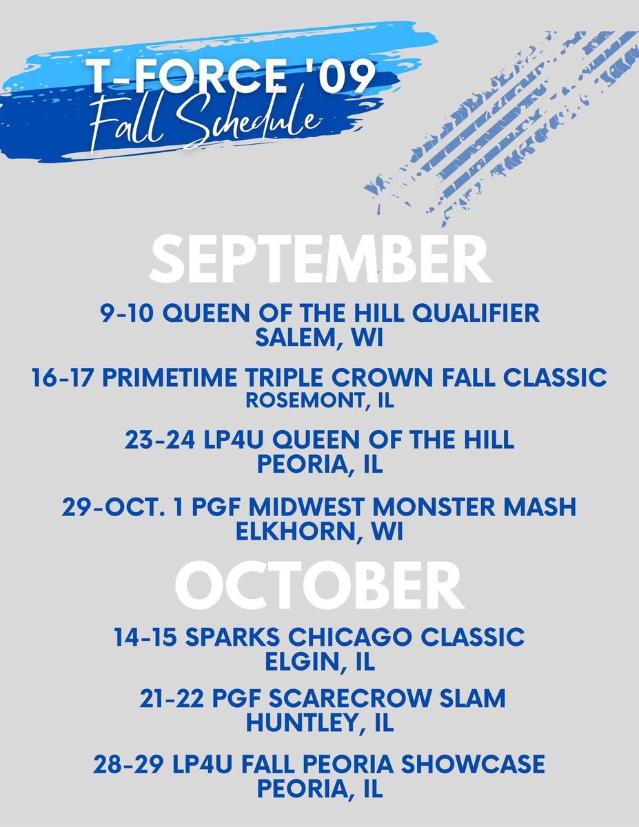 TForce2009's tweet image. #2023 #FallSchedule We are excited to hit the diamonds with some great competition. 
@softball_dugout @D1ProScouts @UpperMWSoftball @SoftballRecruit @FastpitchAthRec @USSSAFastpitch @PGFnetwork @FastpitchAthRec @d1fastpitch1 @D1Softball