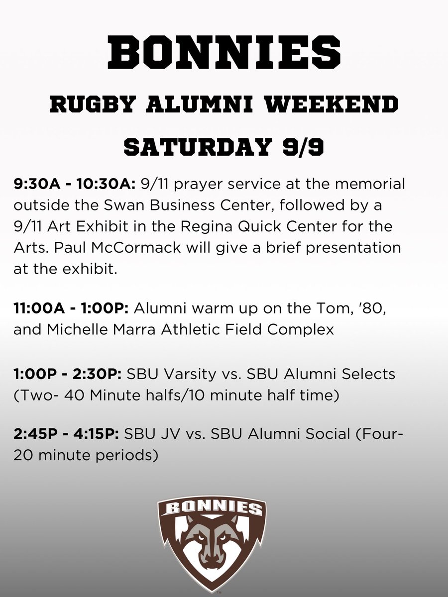 SBURugby's tweet photo. Calling all former players! Here is the schedule for our official alumni rugby weekend! 

@coachtuio @StBonaventure https://t.co/oVSpYqwLAE