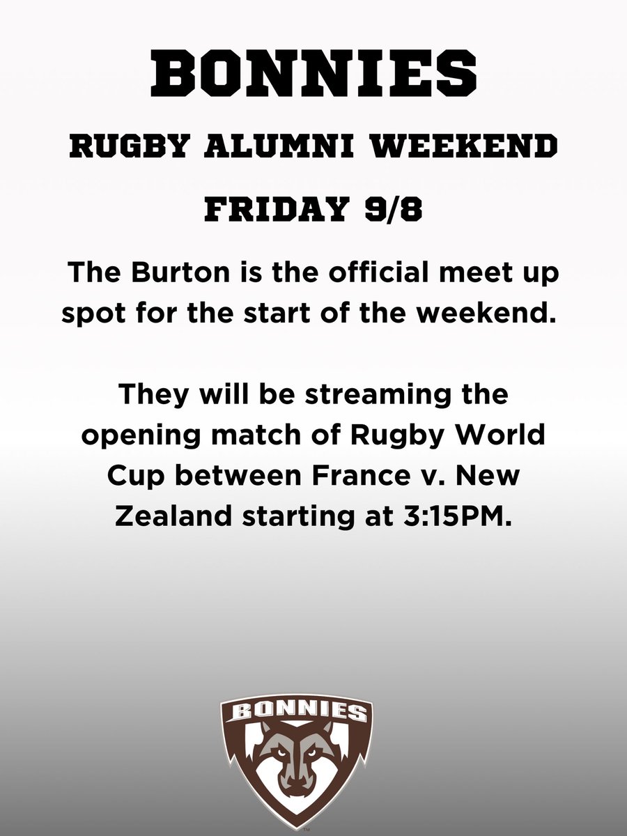 SBURugby's tweet photo. Calling all former players! Here is the schedule for our official alumni rugby weekend! 

@coachtuio @StBonaventure https://t.co/oVSpYqwLAE