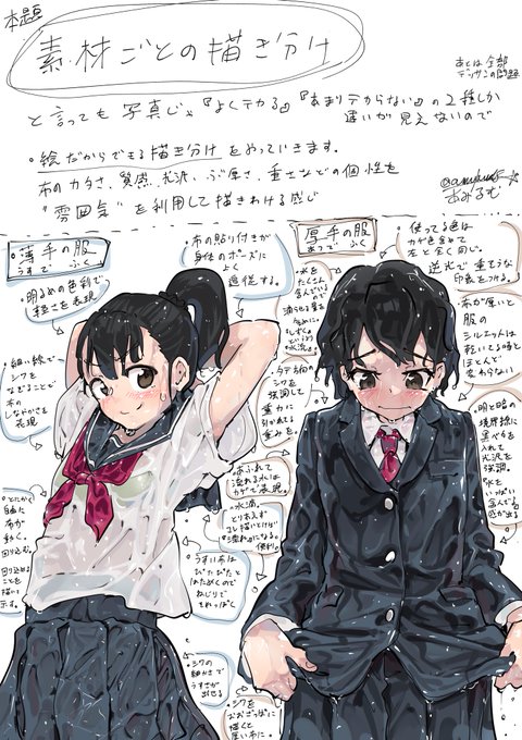 『薄手の服』の濡れと『厚手の服』の濡れの描きわけポイント(2/n)
塗りは基本的に(1/n)の塗り方で、この図はその塗り方をどう配置するかの解説になります 