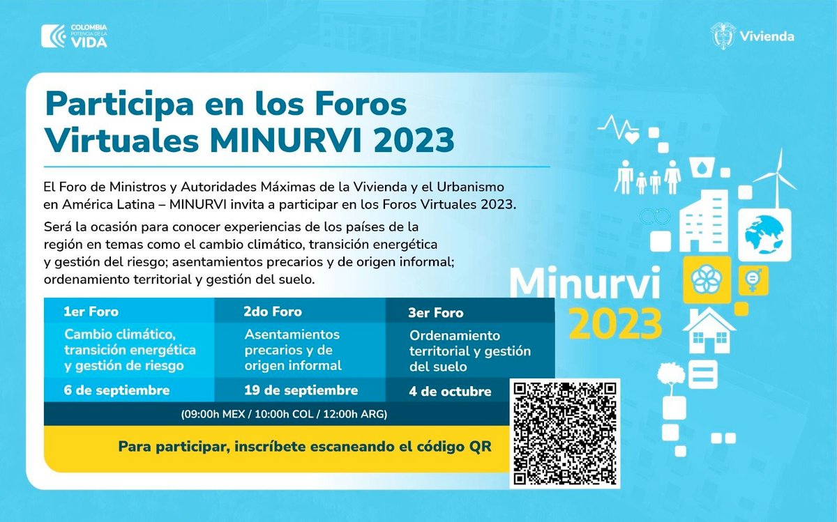 ¡No te pierdas los #ForosMINURVI2023! Conéctate para conocer las experiencias destacadas de América Latina y el Caribe sobre adaptación frente al cambio climático en temas de hábitat, urbanismo, asentamientos precarios y más. Regístrate a través del código QR. #MINURVI2023