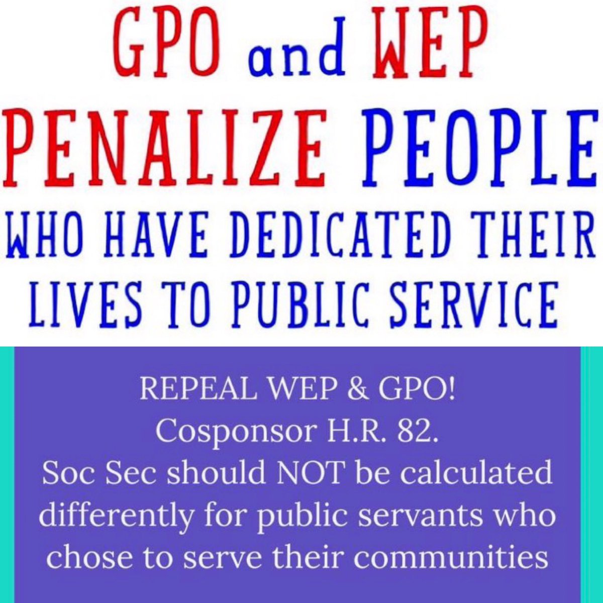 This Labor Day, we, AGAIN, are reminded of 3 mil retired public workers: firefighters, LEOs, teachers, etc., whose SS benefits are cut in half due to unfair #WEP & #GPO.  We need Congress to pass #HR82 and #S597 when they return from break on Sept. 12th! #REPEALWEP #REPEALGPO