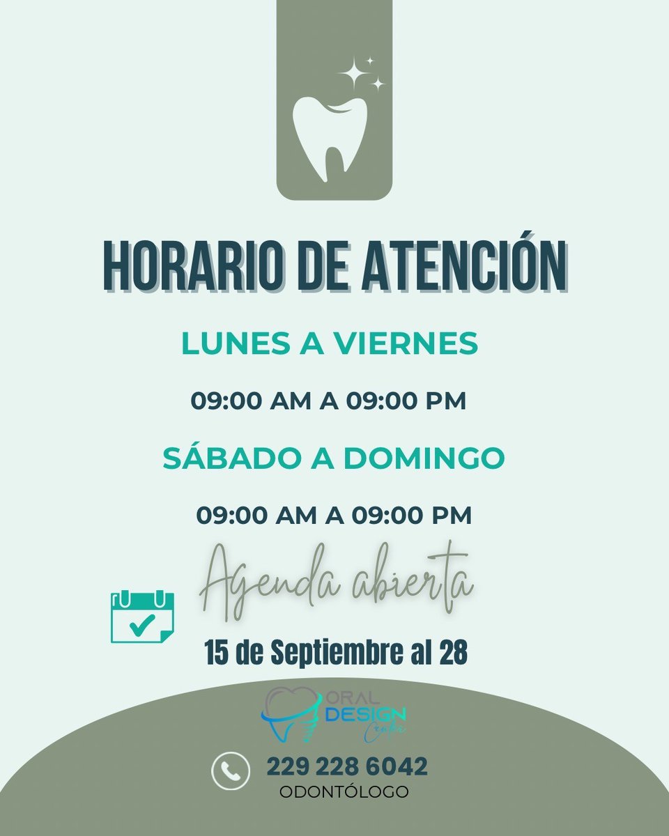 oraldesignpco's tweet photo. ¡Sonríe y prepárate para tu visita al odontólogo! Mira nuestro horario de atención ⏰👀

#sonrisa #dientes #sonora #citas #tratamientos #saludbucal https://t.co/jQJVXvJite