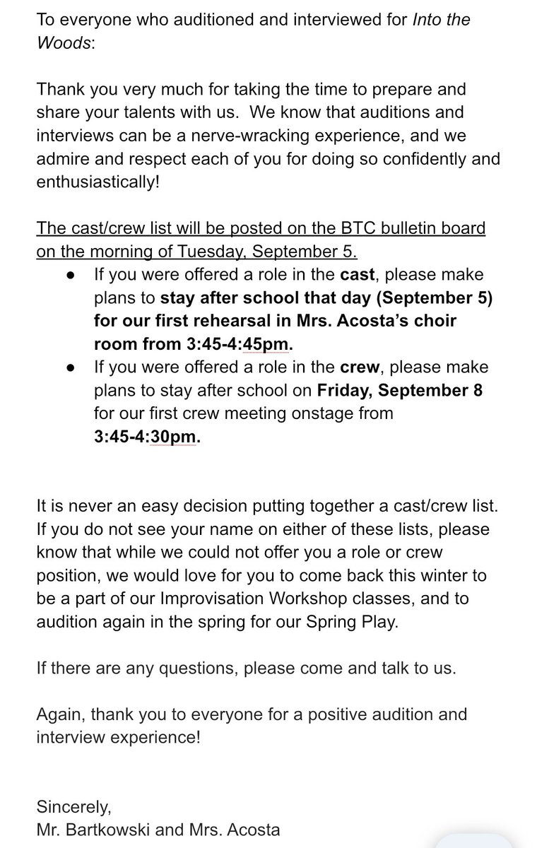 A letter to those students who audition/interviewed for Into the Woods:
