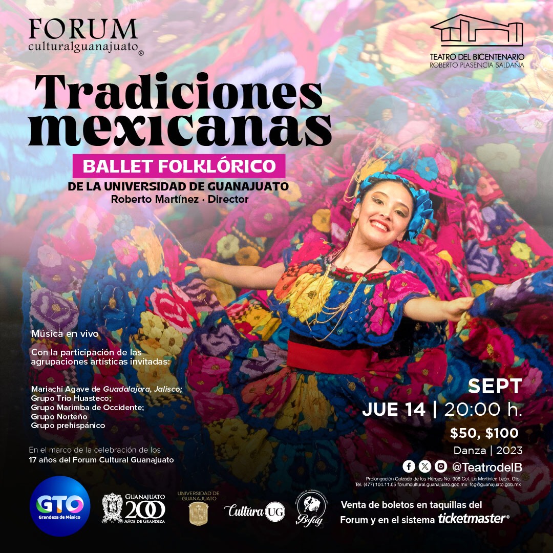TeatrodelB's tweet photo. 🌎 ¿Listos para un viaje cultural por México? El #Bafug (Ballet Folklorico de la Universidad de Guanajuato) te llevará por un recorrido único. 🇲🇽

Acompáñanos este 📅 jueves 14 de septiembre a las 20:00 horas en la Sala Principal del Teatro del Bicentenario. ¡No te lo pierdas! https://t.co/WRZPYO6X7Y