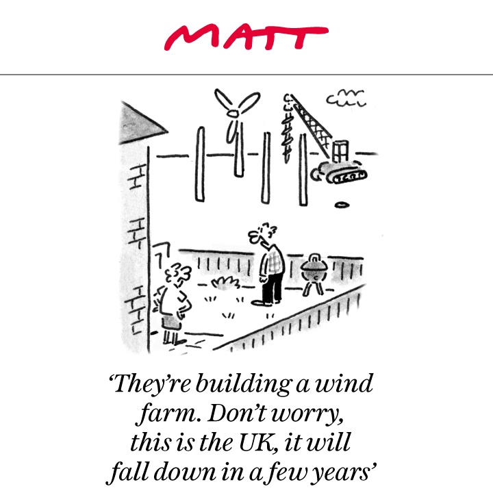 ✍️ 'They're building a wind farm. Don't worry, this is the UK, it will fall down in a few years'

My latest cartoon for tomorrow's <a href="/Telegraph/">The Telegraph</a>

Buy a print of my cartoons at telegraph.co.uk/mattprints

Original artwork from chrisbeetles.com