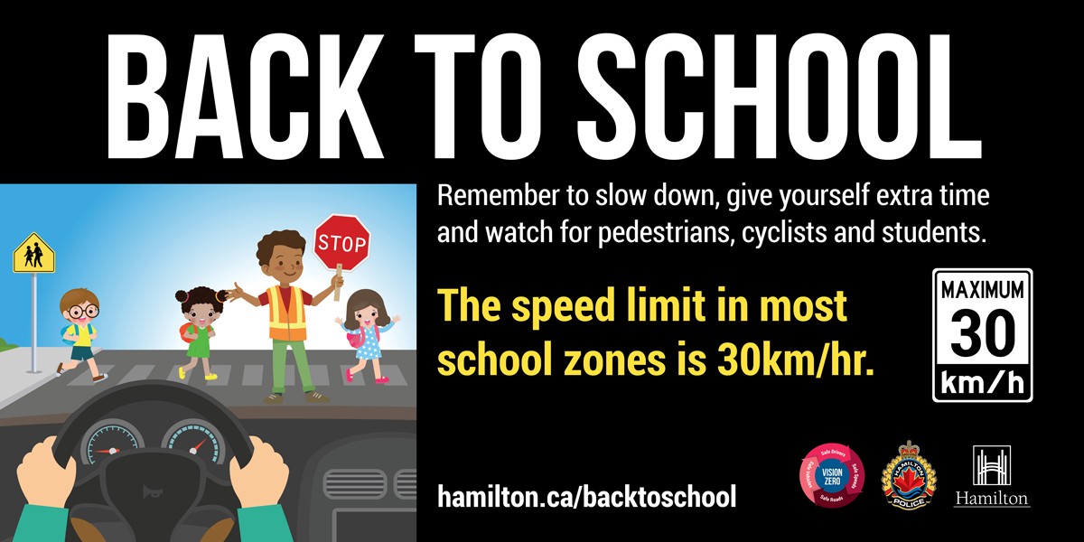 cityofhamilton's tweet photo. Back to school safety tip: Give yourself extra time. Traffic is more congested and your drive times may be affected. More safety tips: https://t.co/APw1SXxfc5 https://t.co/rsXOfL2awY